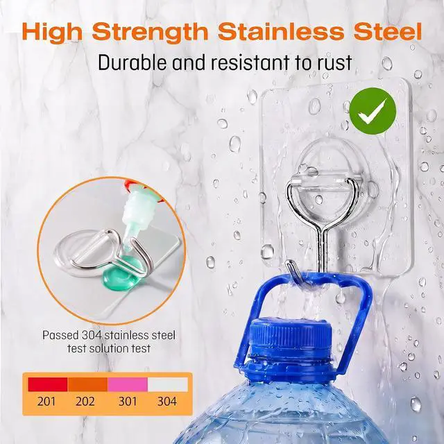 Alt view image 4 of 7 - 24 Pack Clear Adhesive Wall Hooks for Hanging Heavy-Duty 33Lb No Damage | Waterproof & Rustproof, Transparent, No-Drill, 33lbs Max Load, Stick Hooks for Bathroom, Kitchen, Towel, Outdoor, Office