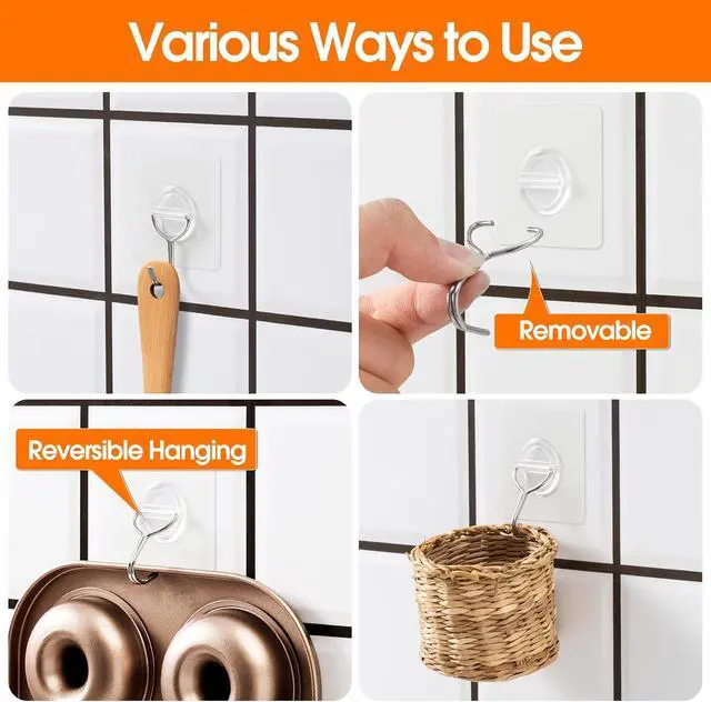 Alt view image 5 of 7 - 24 Pack Clear Adhesive Wall Hooks for Hanging Heavy-Duty 33Lb No Damage | Waterproof & Rustproof, Transparent, No-Drill, 33lbs Max Load, Stick Hooks for Bathroom, Kitchen, Towel, Outdoor, Office