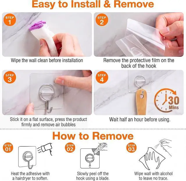 Alt view image 6 of 7 - 24 Pack Clear Adhesive Wall Hooks for Hanging Heavy-Duty 33Lb No Damage | Waterproof & Rustproof, Transparent, No-Drill, 33lbs Max Load, Stick Hooks for Bathroom, Kitchen, Towel, Outdoor, Office
