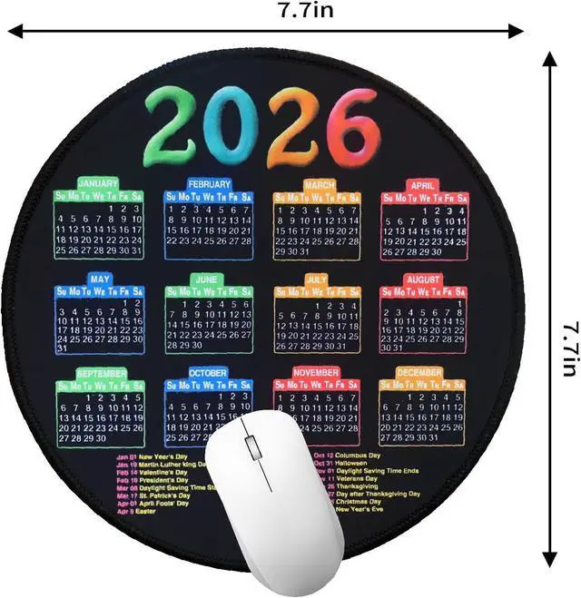 Alt view image 4 of 5 - 2026 Calendar Mousepad, Mouse Pad with Stitched Edge | Round Pad, 7.7*7.7inches Computer Mouse Mat with Non-Slip Rubber Base