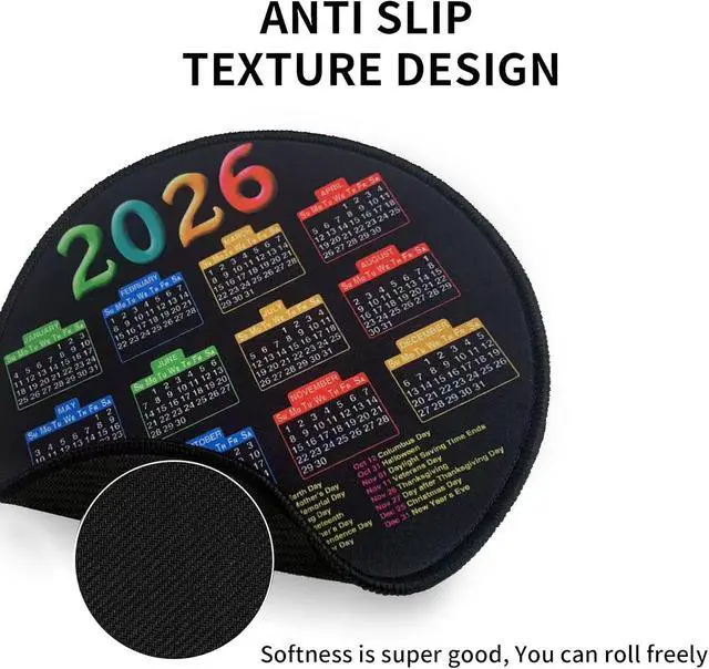 Alt view image 3 of 5 - 2026 Calendar Mousepad, Mouse Pad with Stitched Edge | Round Pad, 7.7*7.7inches Computer Mouse Mat with Non-Slip Rubber Base