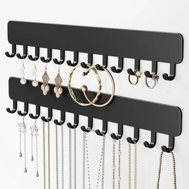 Main image of Wall-Mounted Jewelry Organizer, Self-Adhesive Hanging Holder with Hooks for Necklaces, Bracelets, Earrings - Display Storage for Women, 2PCS, Black