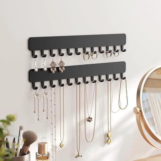 Alt view image 2 of 7 - Wall-Mounted Jewelry Organizer, Self-Adhesive Hanging Holder with Hooks for Necklaces, Bracelets, Earrings - Display Storage for Women, 2PCS, Black