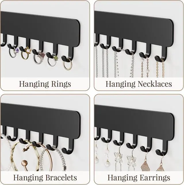Alt view image 3 of 7 - Wall-Mounted Jewelry Organizer, Self-Adhesive Hanging Holder with Hooks for Necklaces, Bracelets, Earrings - Display Storage for Women, 2PCS, Black