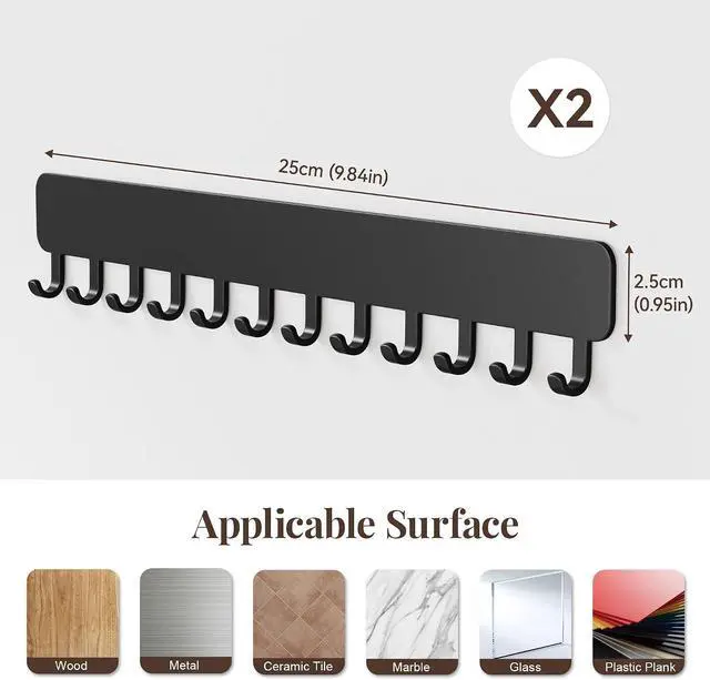 Alt view image 4 of 7 - Wall-Mounted Jewelry Organizer, Self-Adhesive Hanging Holder with Hooks for Necklaces, Bracelets, Earrings - Display Storage for Women, 2PCS, Black