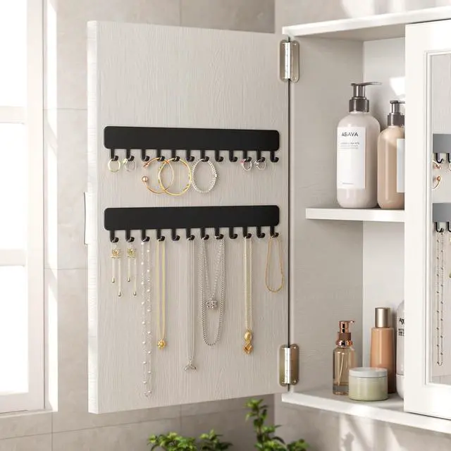 Alt view image 5 of 7 - Wall-Mounted Jewelry Organizer, Self-Adhesive Hanging Holder with Hooks for Necklaces, Bracelets, Earrings - Display Storage for Women, 2PCS, Black