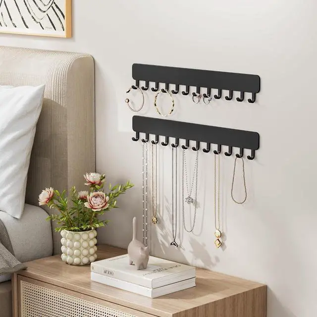 Alt view image 6 of 7 - Wall-Mounted Jewelry Organizer, Self-Adhesive Hanging Holder with Hooks for Necklaces, Bracelets, Earrings - Display Storage for Women, 2PCS, Black