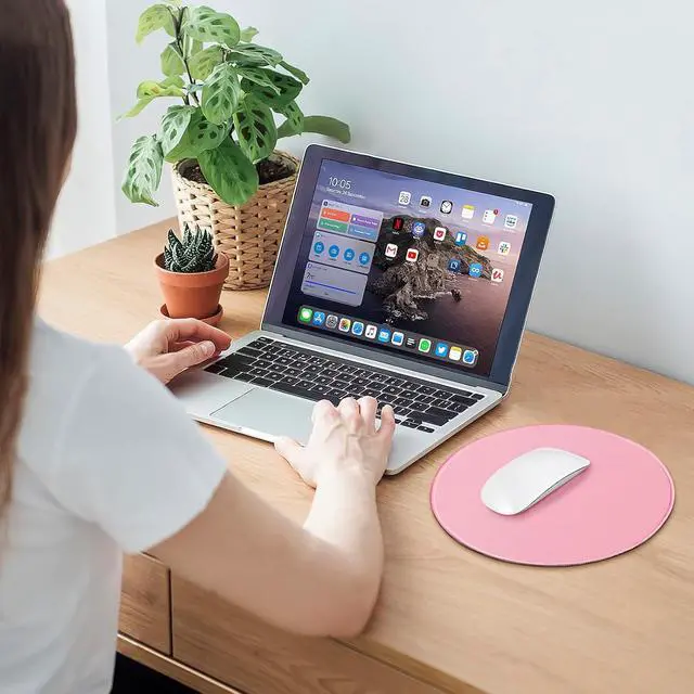 Alt view image 2 of 6 - Round Mouse pad, high-end Texture, Sewn Edge Design, Anti-Slip Rubber Base. 8.6 x 8.6 inches (Pink)