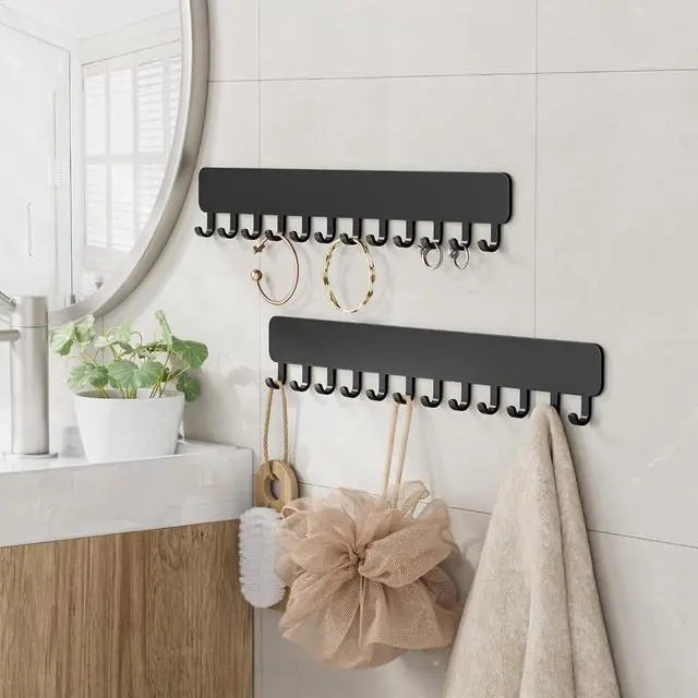 Alt view image 7 of 7 - Wall-Mounted Jewelry Organizer, Self-Adhesive Hanging Holder with Hooks for Necklaces, Bracelets, Earrings - Display Storage for Women, 2PCS, Black
