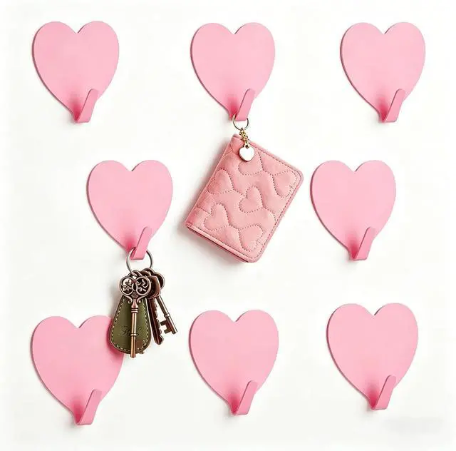 Main image of 8-Pack Cute Adhesive Wall Hooks, Small Kawaii Heart Decor Hook for Hanging | Pink Purse Hangers for Room | Strong Stainless Steel Sticky Hooks for Keys, Bags, Towels, Hats, Rings | Fits Home & Office