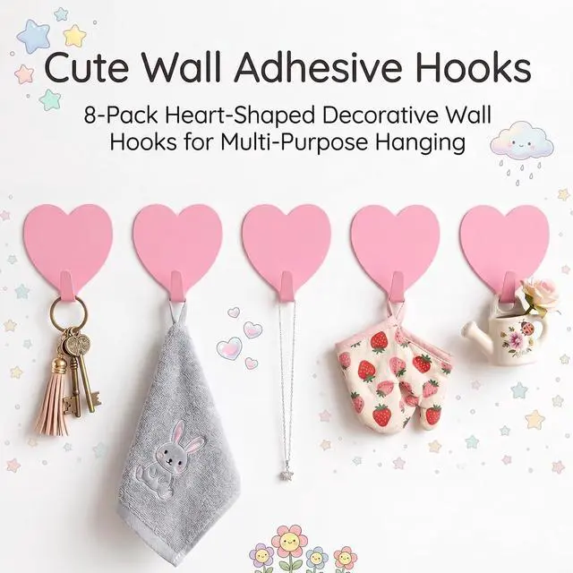 Alt view image 2 of 7 - 8-Pack Cute Adhesive Wall Hooks, Small Kawaii Heart Decor Hook for Hanging | Pink Purse Hangers for Room | Strong Stainless Steel Sticky Hooks for Keys, Bags, Towels, Hats, Rings | Fits Home & Office