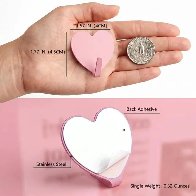 Alt view image 3 of 7 - 8-Pack Cute Adhesive Wall Hooks, Small Kawaii Heart Decor Hook for Hanging | Pink Purse Hangers for Room | Strong Stainless Steel Sticky Hooks for Keys, Bags, Towels, Hats, Rings | Fits Home & Office