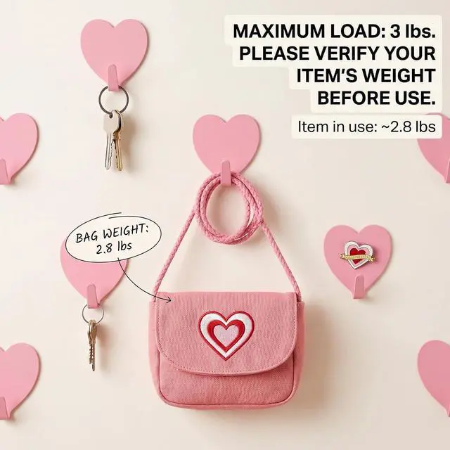 Alt view image 4 of 7 - 8-Pack Cute Adhesive Wall Hooks, Small Kawaii Heart Decor Hook for Hanging | Pink Purse Hangers for Room | Strong Stainless Steel Sticky Hooks for Keys, Bags, Towels, Hats, Rings | Fits Home & Office