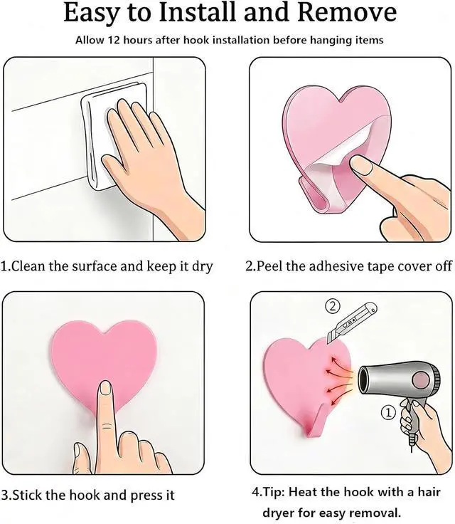 Alt view image 7 of 7 - 8-Pack Cute Adhesive Wall Hooks, Small Kawaii Heart Decor Hook for Hanging | Pink Purse Hangers for Room | Strong Stainless Steel Sticky Hooks for Keys, Bags, Towels, Hats, Rings | Fits Home & Office