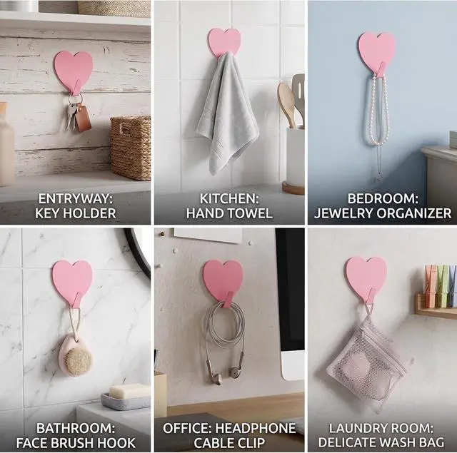 Alt view image 5 of 7 - 8-Pack Cute Adhesive Wall Hooks, Small Kawaii Heart Decor Hook for Hanging | Pink Purse Hangers for Room | Strong Stainless Steel Sticky Hooks for Keys, Bags, Towels, Hats, Rings | Fits Home & Office