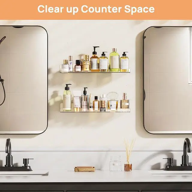 Alt view image 4 of 7 - upsimples 2 Pcs 15" Acrylic Shelves for Wall Display and Storage, Clear | Transparent Design Highlights Skincare, Perfume, Easy-to-Find Versatile Floating Shelves for Bathroom, Bedroom and Playroom