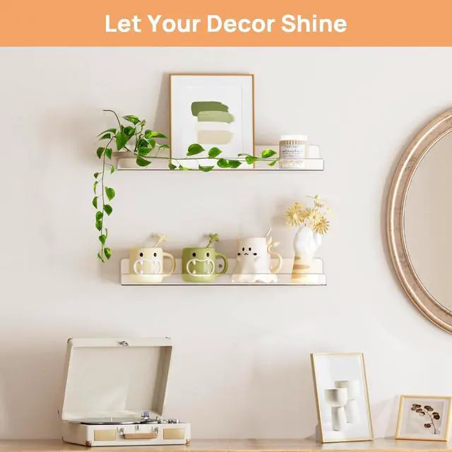Alt view image 2 of 7 - upsimples 2 Pcs 15" Acrylic Shelves for Wall Display and Storage, Clear | Transparent Design Highlights Skincare, Perfume, Easy-to-Find Versatile Floating Shelves for Bathroom, Bedroom and Playroom