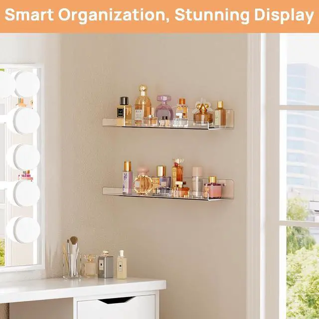 Alt view image 5 of 7 - upsimples 2 Pcs 15" Acrylic Shelves for Wall Display and Storage, Clear | Transparent Design Highlights Skincare, Perfume, Easy-to-Find Versatile Floating Shelves for Bathroom, Bedroom and Playroom