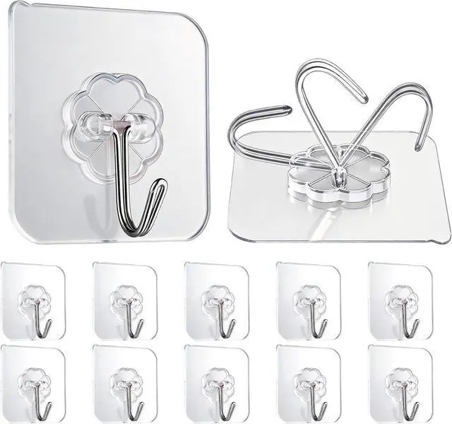 Main image of Wall Hooks Heavy Adhesive Duty Holds 33lb Max (10) | Transparent Waterproof Oilproof Hooks for Bathroom Kitchen No Drilling Strong Adhesive Holds Towels Robes Coats Utensils