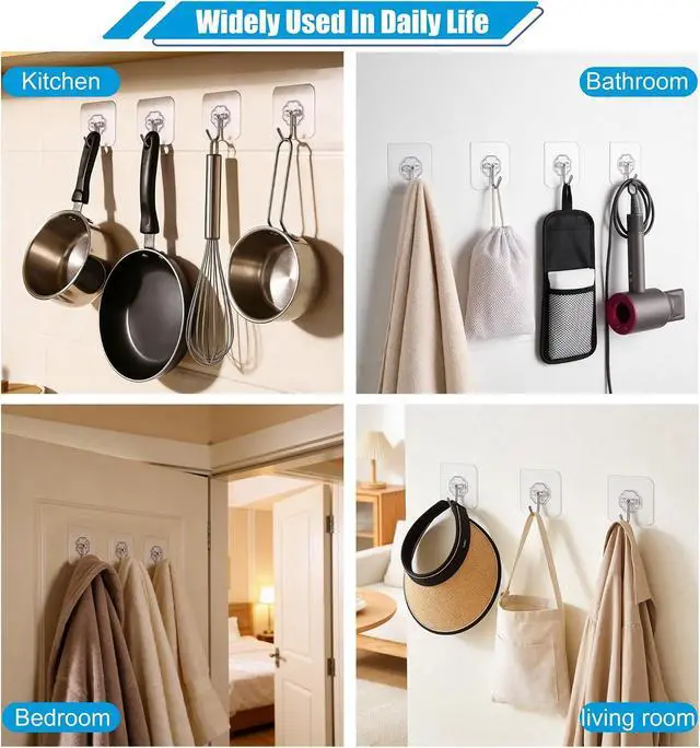 Alt view image 3 of 7 - Wall Hooks Heavy Adhesive Duty Holds 33lb Max (10) | Transparent Waterproof Oilproof Hooks for Bathroom Kitchen No Drilling Strong Adhesive Holds Towels Robes Coats Utensils
