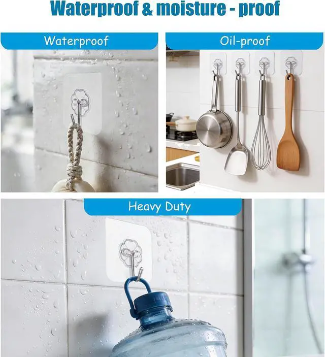 Alt view image 4 of 7 - Wall Hooks Heavy Adhesive Duty Holds 33lb Max (10) | Transparent Waterproof Oilproof Hooks for Bathroom Kitchen No Drilling Strong Adhesive Holds Towels Robes Coats Utensils