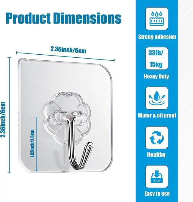 Alt view image 2 of 7 - Wall Hooks Heavy Adhesive Duty Holds 33lb Max (10) | Transparent Waterproof Oilproof Hooks for Bathroom Kitchen No Drilling Strong Adhesive Holds Towels Robes Coats Utensils