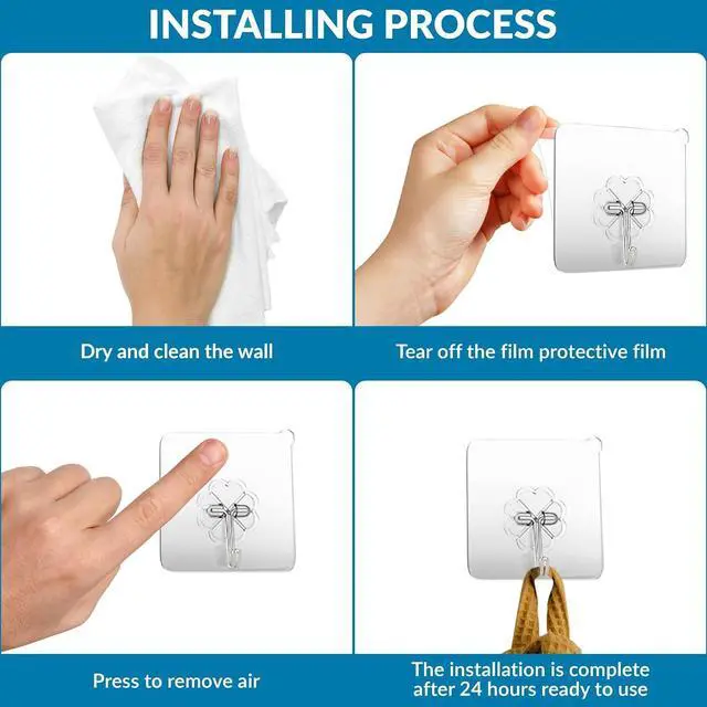 Alt view image 6 of 7 - Wall Hooks Heavy Adhesive Duty Holds 33lb Max (10) | Transparent Waterproof Oilproof Hooks for Bathroom Kitchen No Drilling Strong Adhesive Holds Towels Robes Coats Utensils