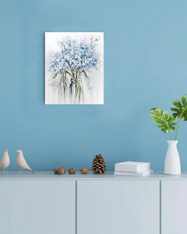 Alt view image 2 of 5 - Blue Flowers Canvas Wall Art: Bedroom Blue Floral Picture Bathroom Decor | Abstract Bouquet in Vase Artwork Prints for Teen Girl, 12" x 15"