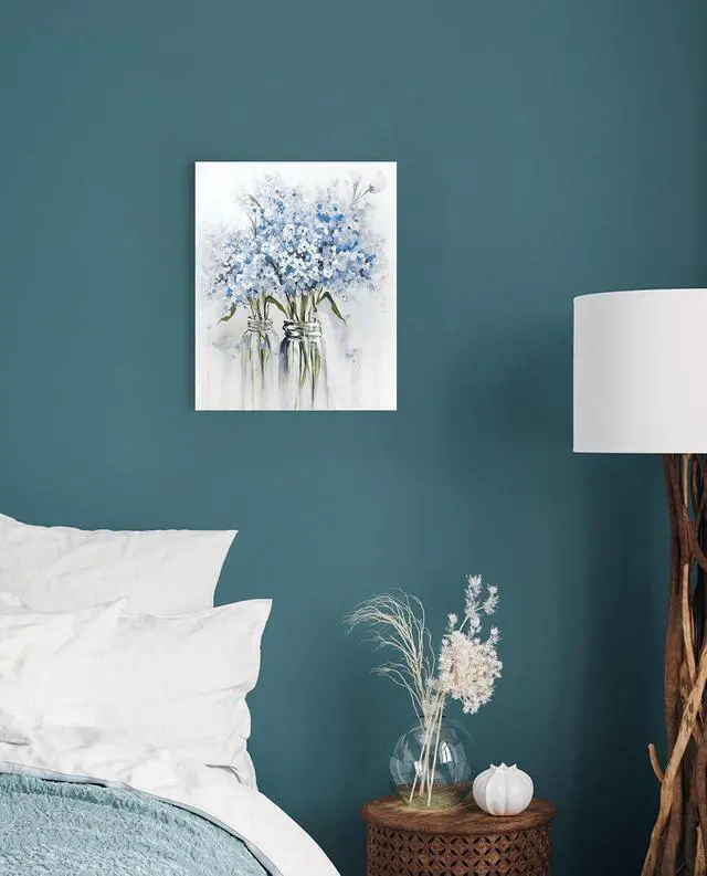 Alt view image 3 of 5 - Blue Flowers Canvas Wall Art: Bedroom Blue Floral Picture Bathroom Decor | Abstract Bouquet in Vase Artwork Prints for Teen Girl, 12" x 15"