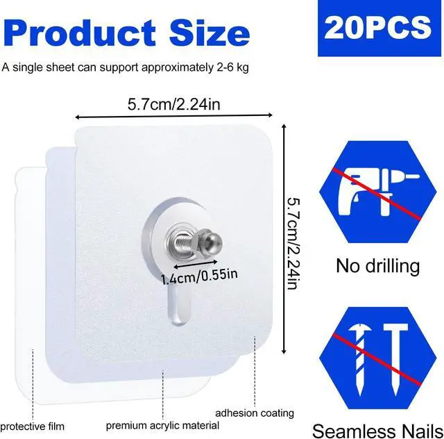 Alt view image 2 of 7 - 20 PCS Adhesive Wall Screws Hanging Nails Screw Free Sticker Waterproof Wall Hangers Without Nails Seamless Screws Adhesive Walls Hooks for Bathroom Kitchen Home and Office Decorations