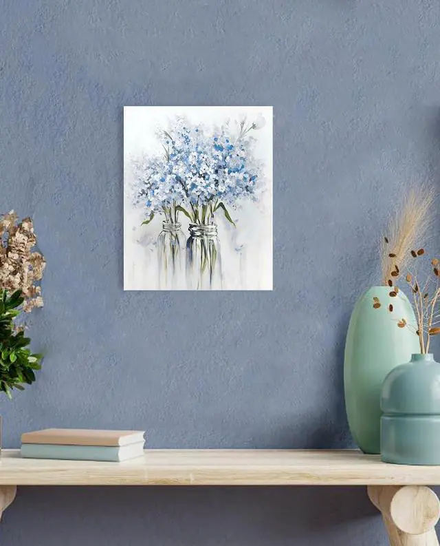 Alt view image 4 of 5 - Blue Flowers Canvas Wall Art: Bedroom Blue Floral Picture Bathroom Decor | Abstract Bouquet in Vase Artwork Prints for Teen Girl, 12" x 15"
