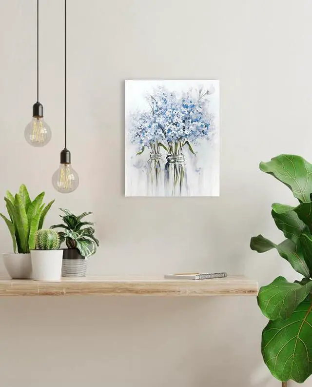 Alt view image 5 of 5 - Blue Flowers Canvas Wall Art: Bedroom Blue Floral Picture Bathroom Decor | Abstract Bouquet in Vase Artwork Prints for Teen Girl, 12" x 15"