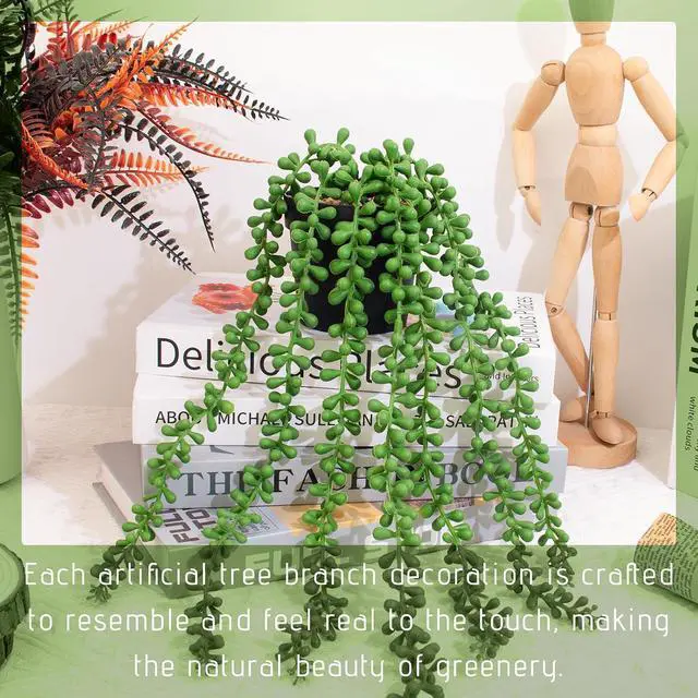 Alt view image 6 of 7 - Realistic Artificial String of Pearls Plant - Faux Hanging Succulent Trailing Plant with Black Pot, Natural-Looking Small Potted Faux Plant Indoor Outdoor for Home Office Shelf Decor