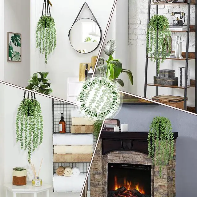 Alt view image 7 of 7 - Realistic Artificial String of Pearls Plant - Faux Hanging Succulent Trailing Plant with Black Pot, Natural-Looking Small Potted Faux Plant Indoor Outdoor for Home Office Shelf Decor