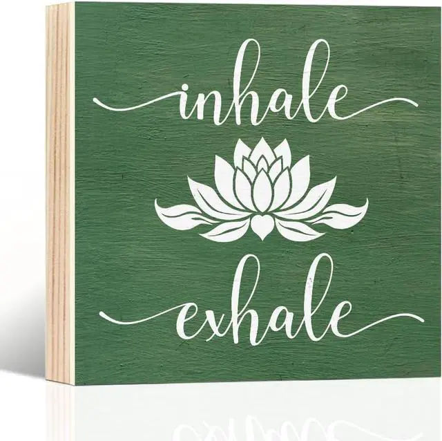Main image of Inhale Exhale Wooden Box Sign, Yoga Wall Art, Lotus Sign | Lotus Just Breath Wall Decor for Meditation Room Spa Room, Office Decor for Women, Yoga Gifts for Women Student, 5.9x5.9 inch