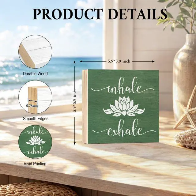 Alt view image 2 of 6 - Inhale Exhale Wooden Box Sign, Yoga Wall Art, Lotus Sign | Lotus Just Breath Wall Decor for Meditation Room Spa Room, Office Decor for Women, Yoga Gifts for Women Student, 5.9x5.9 inch