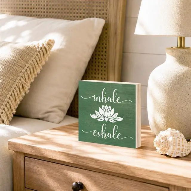 Alt view image 3 of 6 - Inhale Exhale Wooden Box Sign, Yoga Wall Art, Lotus Sign | Lotus Just Breath Wall Decor for Meditation Room Spa Room, Office Decor for Women, Yoga Gifts for Women Student, 5.9x5.9 inch