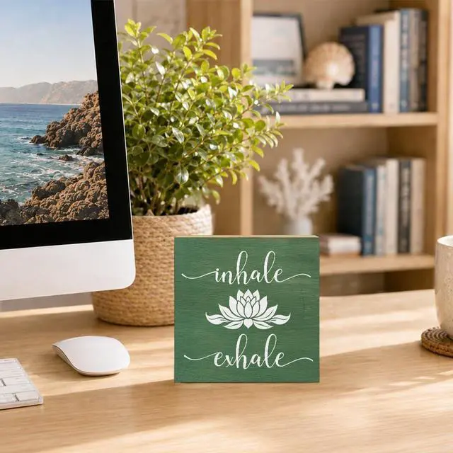 Alt view image 4 of 6 - Inhale Exhale Wooden Box Sign, Yoga Wall Art, Lotus Sign | Lotus Just Breath Wall Decor for Meditation Room Spa Room, Office Decor for Women, Yoga Gifts for Women Student, 5.9x5.9 inch