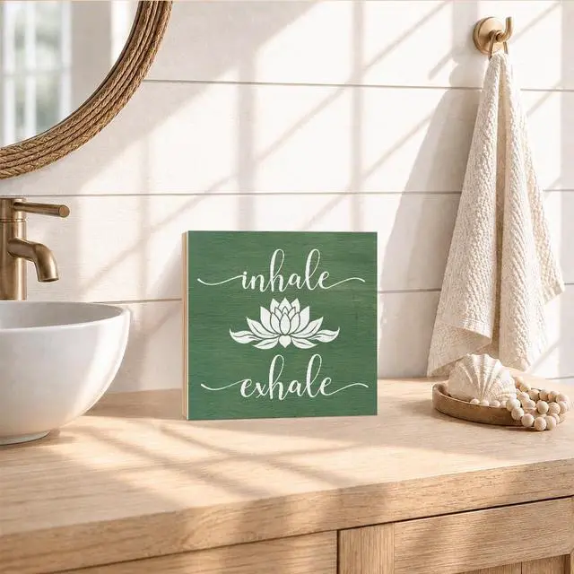 Alt view image 5 of 6 - Inhale Exhale Wooden Box Sign, Yoga Wall Art, Lotus Sign | Lotus Just Breath Wall Decor for Meditation Room Spa Room, Office Decor for Women, Yoga Gifts for Women Student, 5.9x5.9 inch
