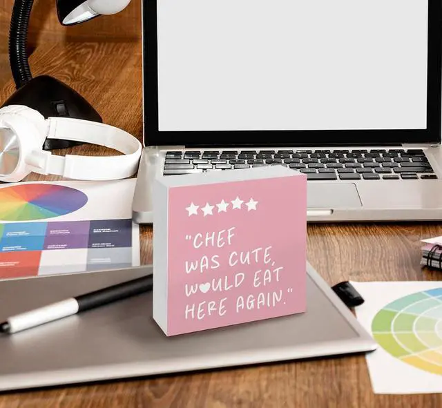 Alt view image 4 of 6 - Pink Kitchen Accessories - Chef Was Cute Would Eat Here Again Sign, Cute Pink Trendy Kitchen Shelf Decor For Counter, Girly Chef Preppy Coquette Decor Wooden Sign For Home Counter
