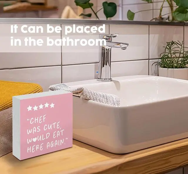 Alt view image 5 of 6 - Pink Kitchen Accessories - Chef Was Cute Would Eat Here Again Sign, Cute Pink Trendy Kitchen Shelf Decor For Counter, Girly Chef Preppy Coquette Decor Wooden Sign For Home Counter