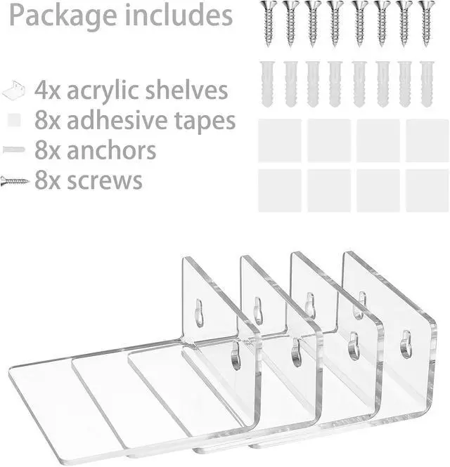 Alt view image 4 of 7 - Acrylic Wall Shelves,Clear 4 inch Floating Shelves for Display,Ledges Pop Figures,Plant,Tiny Wall Mounted Transparent Shelf Small Invisible Shelves with Adhesive for Bedroom Living Room Decoration