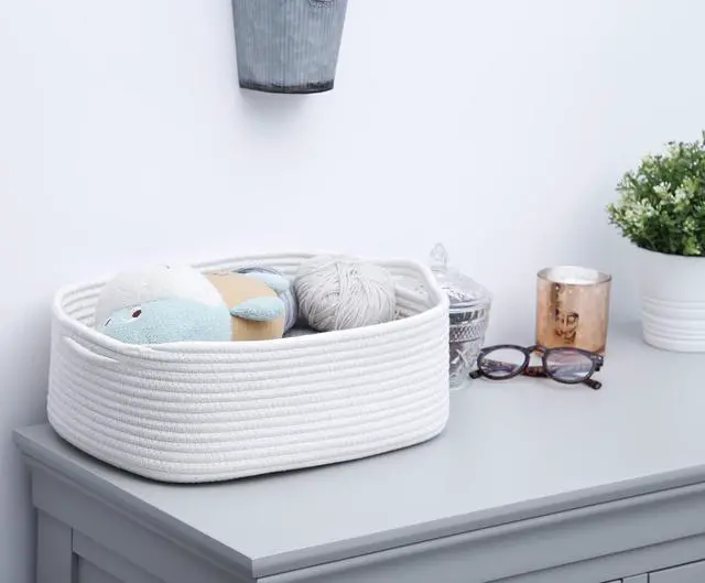 Alt view image 2 of 7 - Woven Cotton Rope Storage Basket, Cube Changing Table Organizer for Closet Towels, Baby Nursery Bin, Small Dog Cat Toy Box, Gift Baskets empty (White)