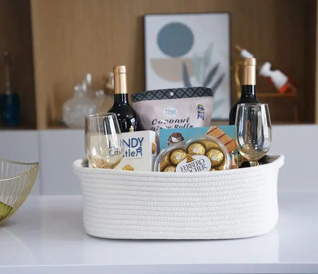 Alt view image 3 of 7 - Woven Cotton Rope Storage Basket, Cube Changing Table Organizer for Closet Towels, Baby Nursery Bin, Small Dog Cat Toy Box, Gift Baskets empty (White)