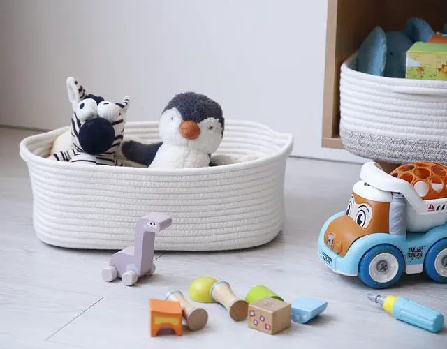 Alt view image 7 of 7 - Woven Cotton Rope Storage Basket, Cube Changing Table Organizer for Closet Towels, Baby Nursery Bin, Small Dog Cat Toy Box, Gift Baskets empty (White)