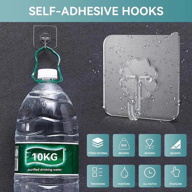 Alt view image 4 of 7 - 28 Pack Sticky Hooks for Hanging Heavy Duty, Wall Hooks Adhesive, Clear self Adhesive Hooks for Wall, Kitchen, Bathroom, Shower & Ceiling
