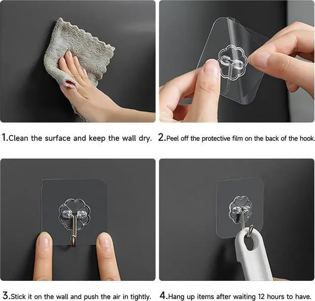 Alt view image 3 of 7 - 28 Pack Sticky Hooks for Hanging Heavy Duty, Wall Hooks Adhesive, Clear self Adhesive Hooks for Wall, Kitchen, Bathroom, Shower & Ceiling