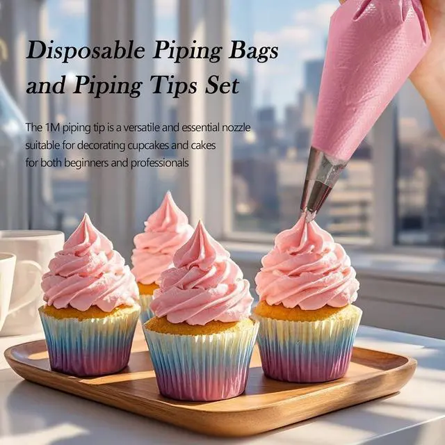 Alt view image 2 of 6 - Large 1M Open Star Stainless Steel Piping Tips, 3 Pieces | 20 Disposable Piping Bags, For Cake Decorating, Cupcakes Icing and Frosting