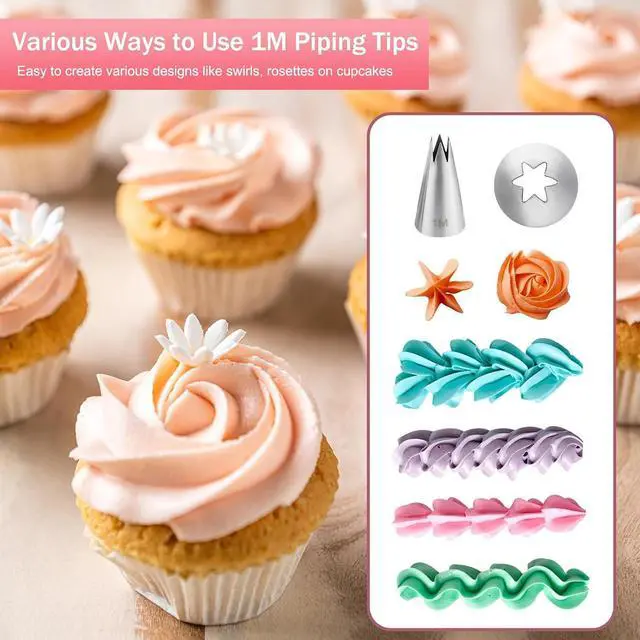 Alt view image 3 of 6 - Large 1M Open Star Stainless Steel Piping Tips, 3 Pieces | 20 Disposable Piping Bags, For Cake Decorating, Cupcakes Icing and Frosting