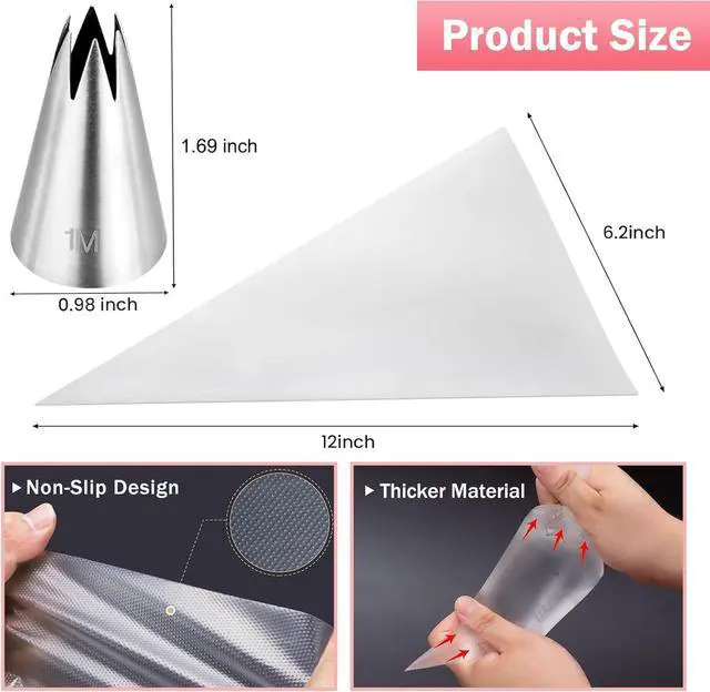 Alt view image 6 of 6 - Large 1M Open Star Stainless Steel Piping Tips, 3 Pieces | 20 Disposable Piping Bags, For Cake Decorating, Cupcakes Icing and Frosting